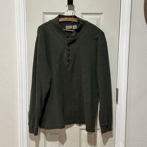 L.L Bean Y2K Men's Large Henley-Thermal Heavyweight Cotton Shirt Green‎